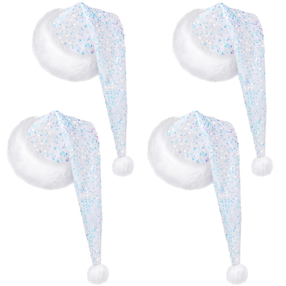 5663 4 Pcs Santa Hats Shiny Sequin Christmas Hat with Plush Brim Thicken
